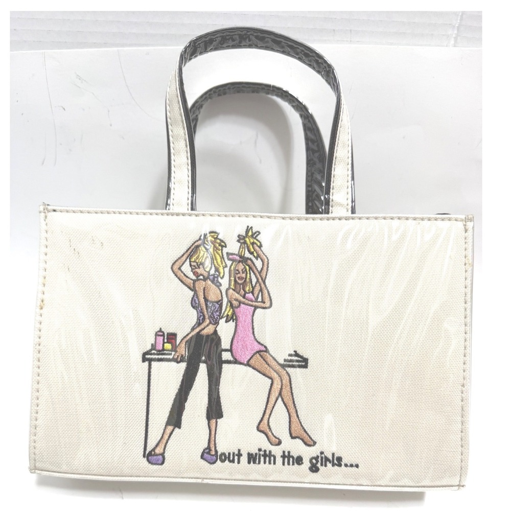 VTG Out With The Girls Mini Tote Bag Cream Canvas Vinyl Y2K Graphic Sm handbag